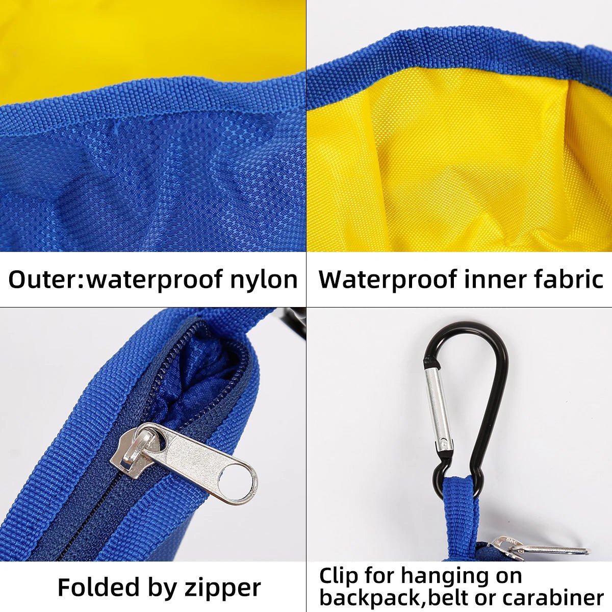 "Foldable dog food and water bowl made from durable, non-toxic silicone, ideal for easy storage and on-the-go feeding."
