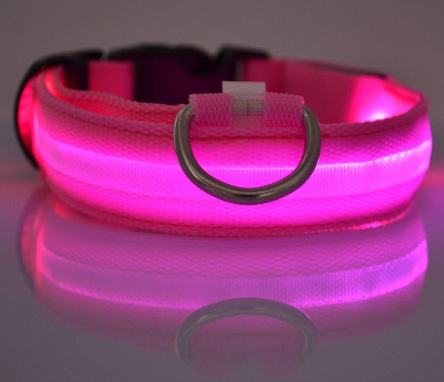 LED dog collar with bright LEDs for night safety, designed with adjustable straps for all dog sizes."