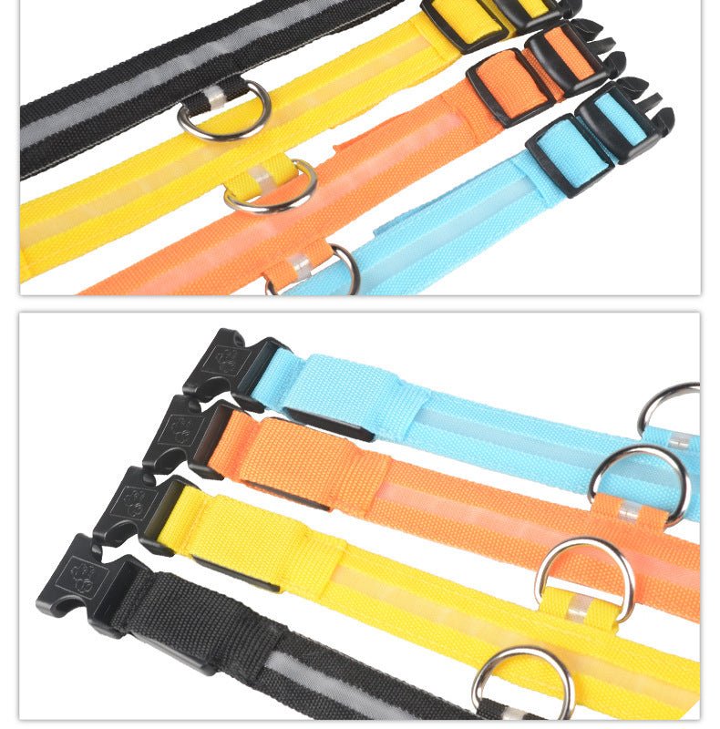 Night safety LED dog collar with rechargeable battery and reflective design for secure pet walks."
